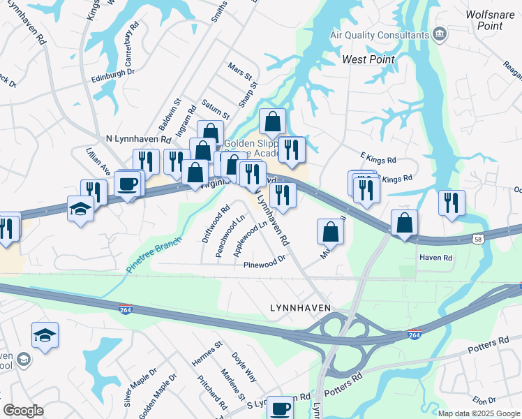 map of restaurants, bars, coffee shops, grocery stores, and more near 247 North Lynnhaven Road in Virginia Beach