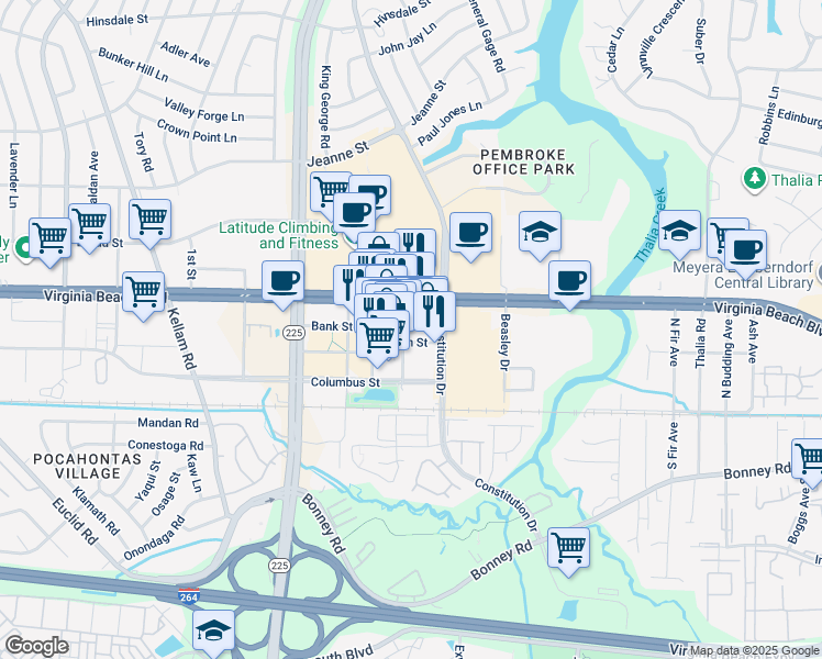 map of restaurants, bars, coffee shops, grocery stores, and more near in Virginia Beach