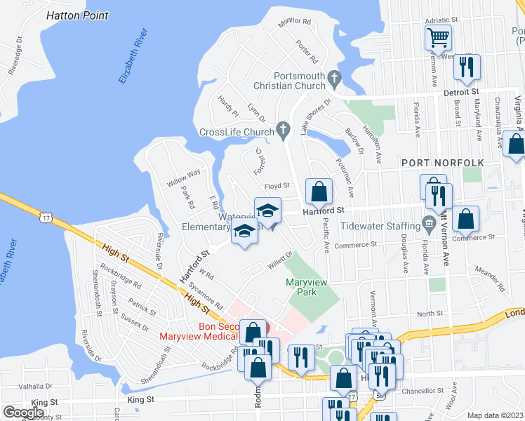 map of restaurants, bars, coffee shops, grocery stores, and more near 101 Tyler Crescent East in Portsmouth
