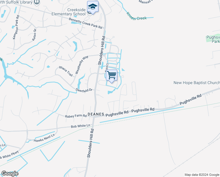 map of restaurants, bars, coffee shops, grocery stores, and more near 1008 Teton Circle in Suffolk