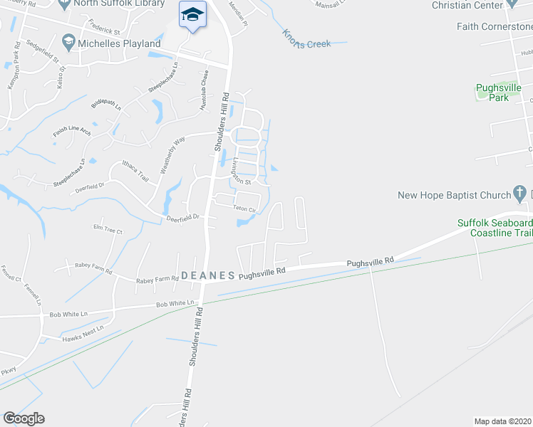 map of restaurants, bars, coffee shops, grocery stores, and more near 3800 Pughsville Road in Suffolk