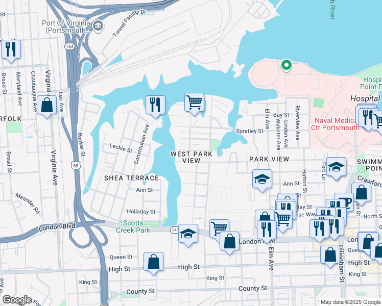 map of restaurants, bars, coffee shops, grocery stores, and more near 1631 McDaniel Street in Portsmouth