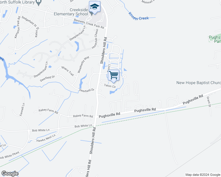 map of restaurants, bars, coffee shops, grocery stores, and more near 820 Teton Circle in Suffolk