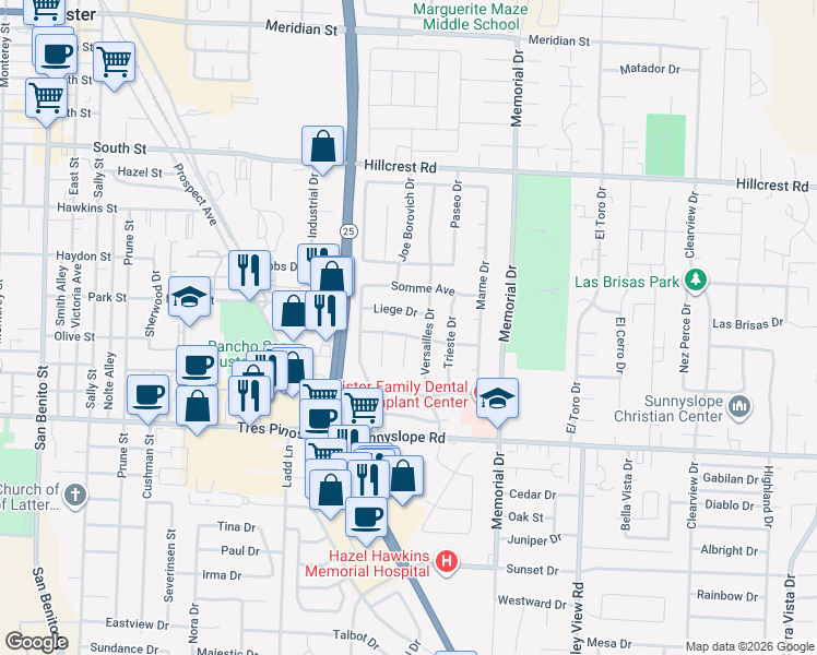 map of restaurants, bars, coffee shops, grocery stores, and more near 771 Liege Drive in Hollister
