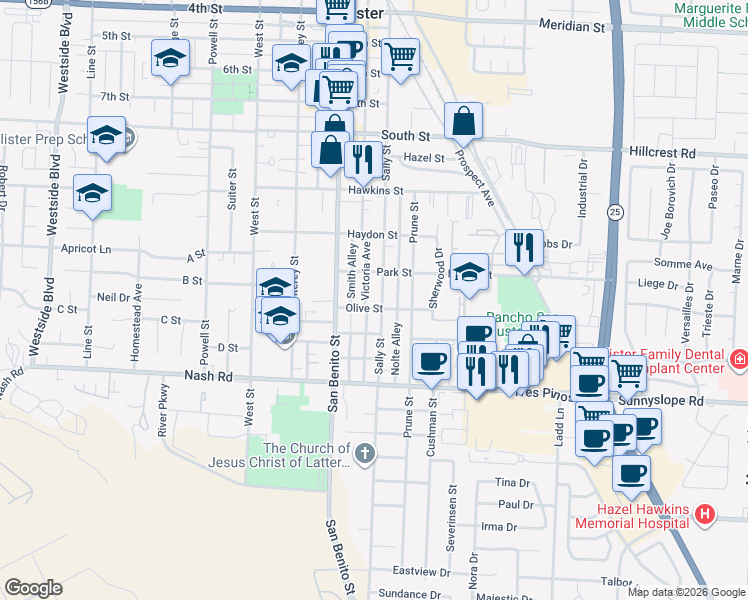 map of restaurants, bars, coffee shops, grocery stores, and more near 1179 Victoria Street in Hollister