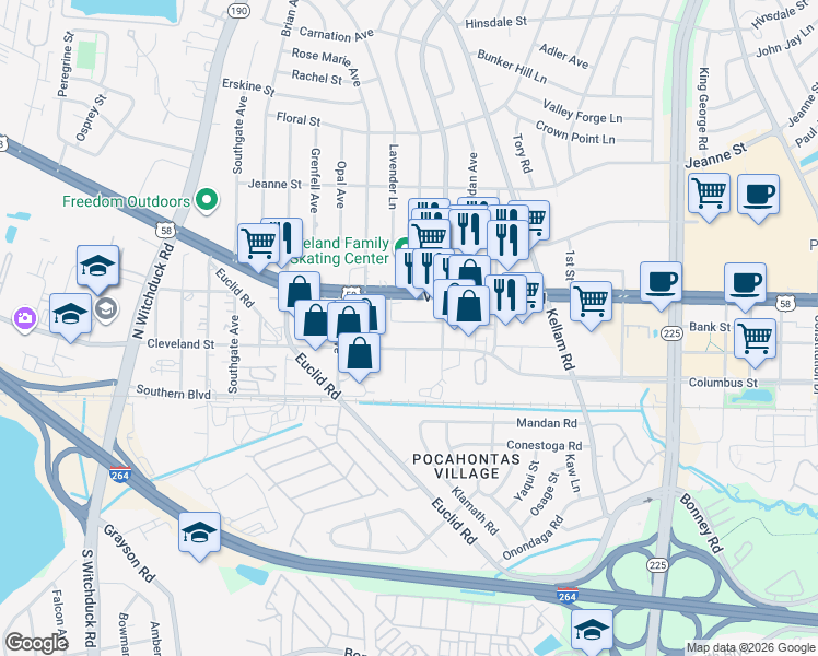map of restaurants, bars, coffee shops, grocery stores, and more near 4929 Potomac Street in Virginia Beach