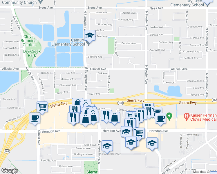 map of restaurants, bars, coffee shops, grocery stores, and more near 2166 Chennault Avenue in Clovis