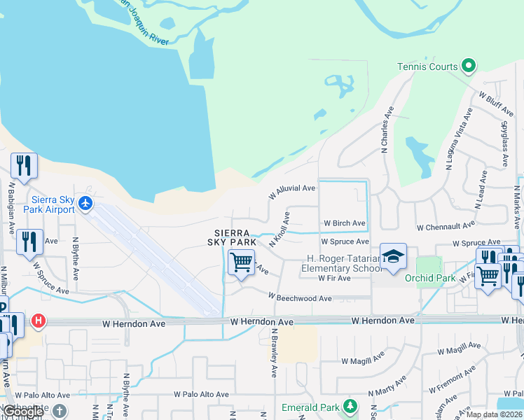 map of restaurants, bars, coffee shops, grocery stores, and more near 7294 North San Pedro Avenue in Fresno