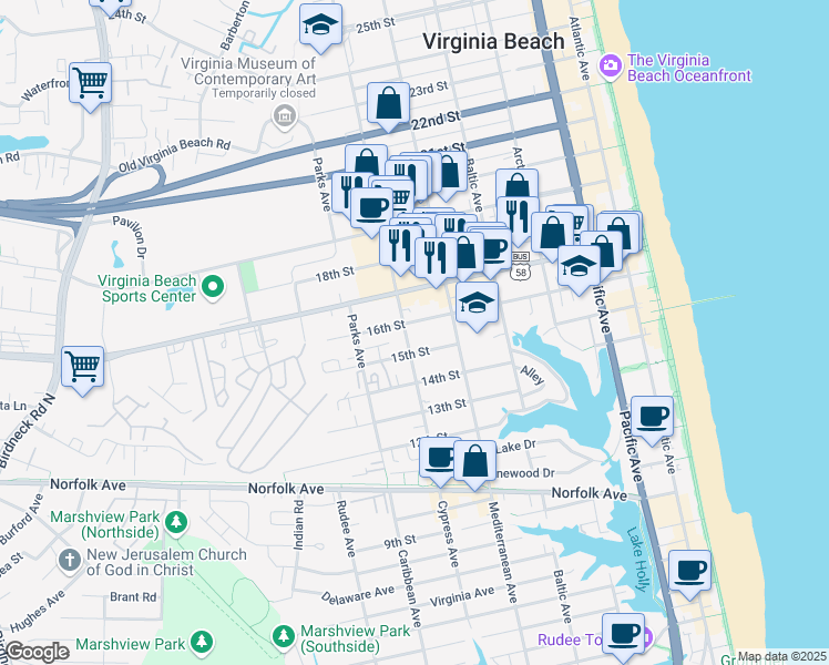 map of restaurants, bars, coffee shops, grocery stores, and more near 636 Forest Lane in Virginia Beach