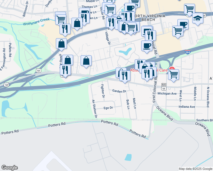 map of restaurants, bars, coffee shops, grocery stores, and more near 264 Fighter Drive in Virginia Beach