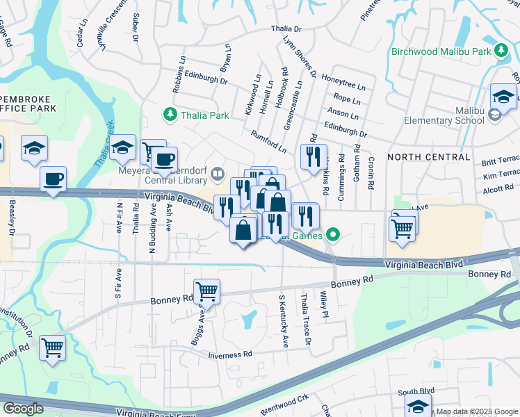 map of restaurants, bars, coffee shops, grocery stores, and more near 3925 Seeman Road in Virginia Beach