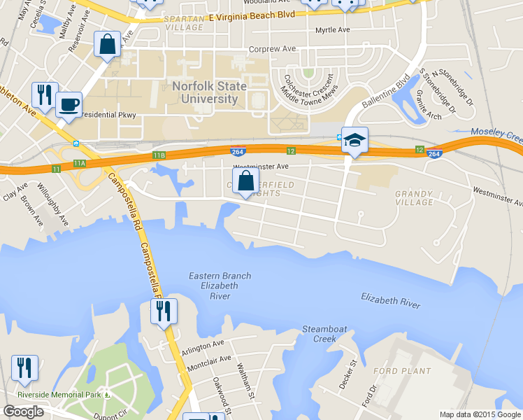 map of restaurants, bars, coffee shops, grocery stores, and more near in Norfolk