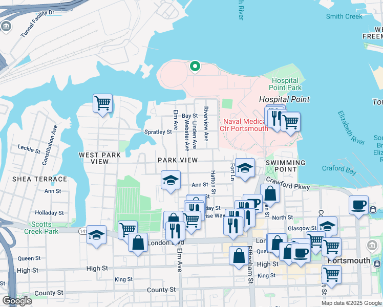 map of restaurants, bars, coffee shops, grocery stores, and more near 142 Webster Avenue in Portsmouth