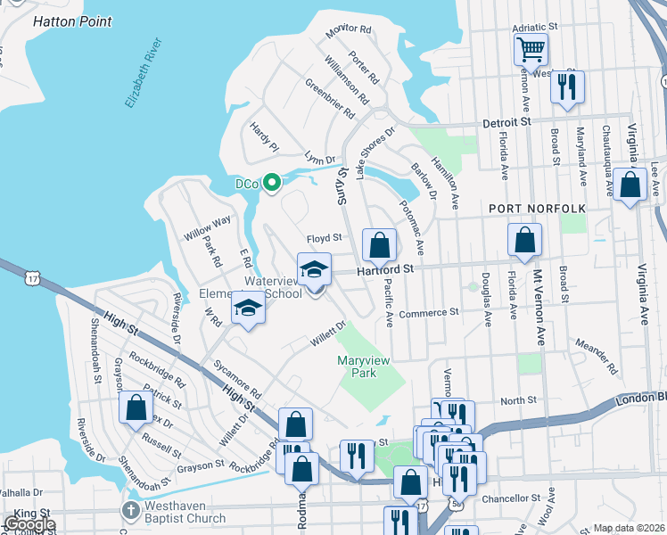 map of restaurants, bars, coffee shops, grocery stores, and more near 3505 Creig Street in Portsmouth