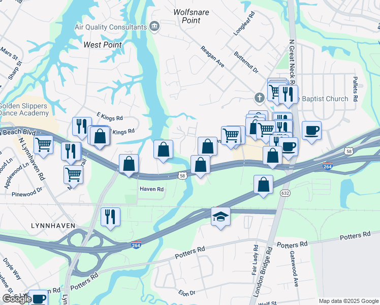 map of restaurants, bars, coffee shops, grocery stores, and more near 329 Overlook Court in Virginia Beach