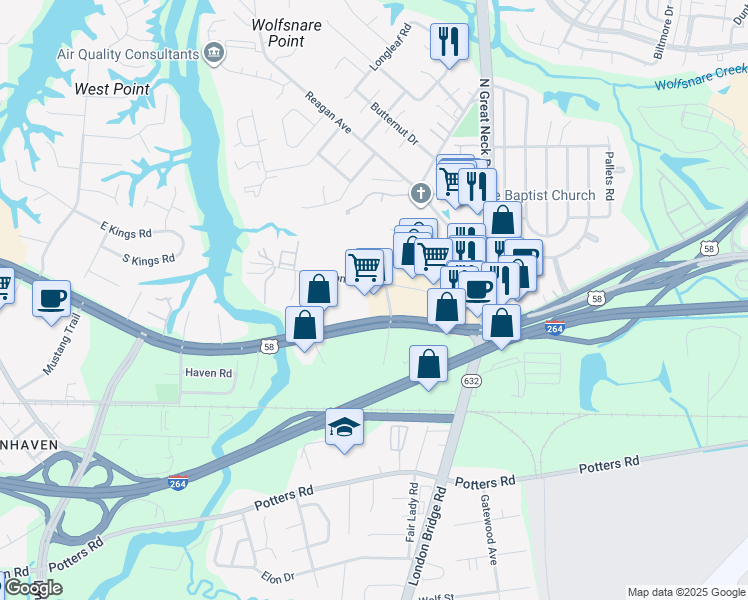 map of restaurants, bars, coffee shops, grocery stores, and more near 2404 Virginia Beach Boulevard in Virginia Beach