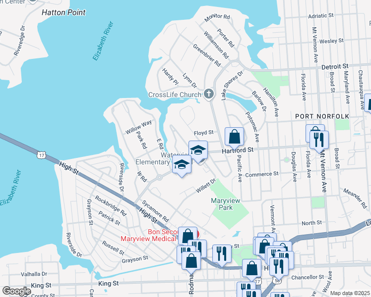 map of restaurants, bars, coffee shops, grocery stores, and more near 110 Tyler Crescent East in Portsmouth