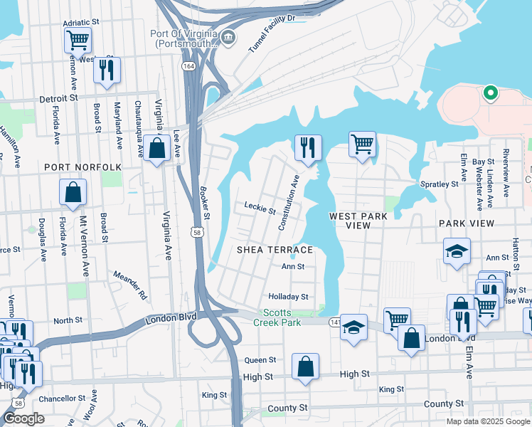 map of restaurants, bars, coffee shops, grocery stores, and more near 2201 Leckie Street in Portsmouth