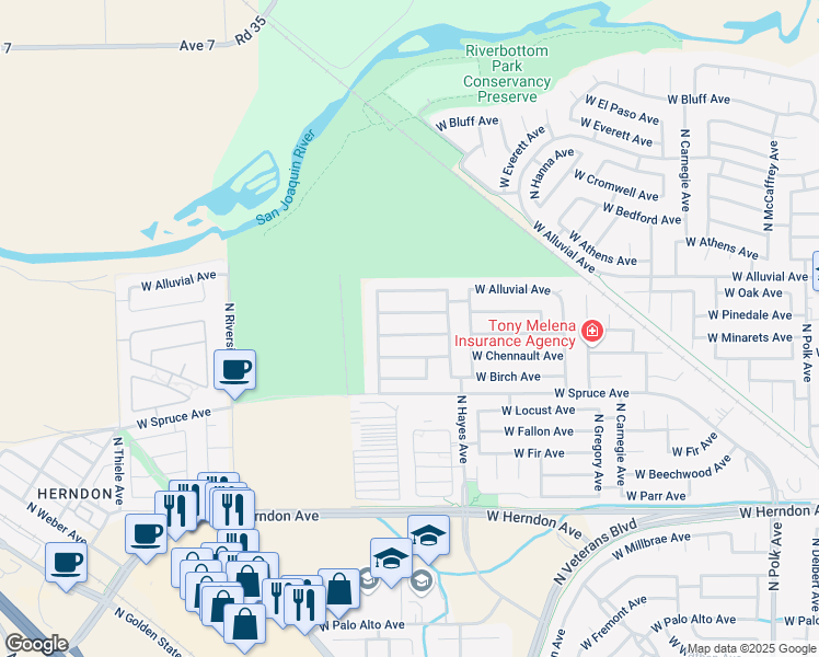 map of restaurants, bars, coffee shops, grocery stores, and more near 6203 West Pinedale Avenue in Fresno