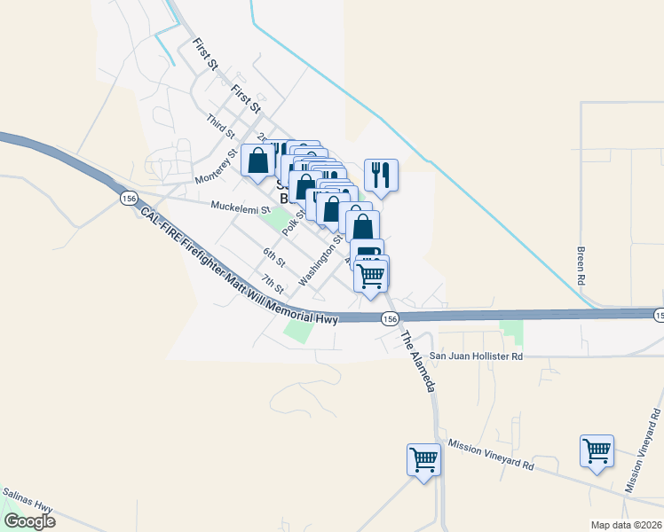 map of restaurants, bars, coffee shops, grocery stores, and more near 45 Franklin Street in San Juan Bautista