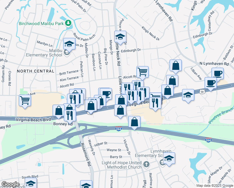 map of restaurants, bars, coffee shops, grocery stores, and more near 333-355 Little Neck Rd in Virginia Beach