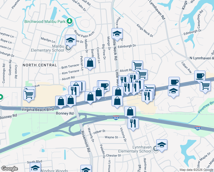 map of restaurants, bars, coffee shops, grocery stores, and more near 3432 Virginia Beach Boulevard in Virginia Beach