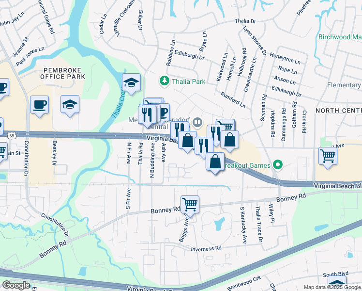 map of restaurants, bars, coffee shops, grocery stores, and more near in Virginia Beach