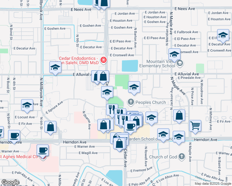 map of restaurants, bars, coffee shops, grocery stores, and more near 7350 North Cedar Avenue in Fresno