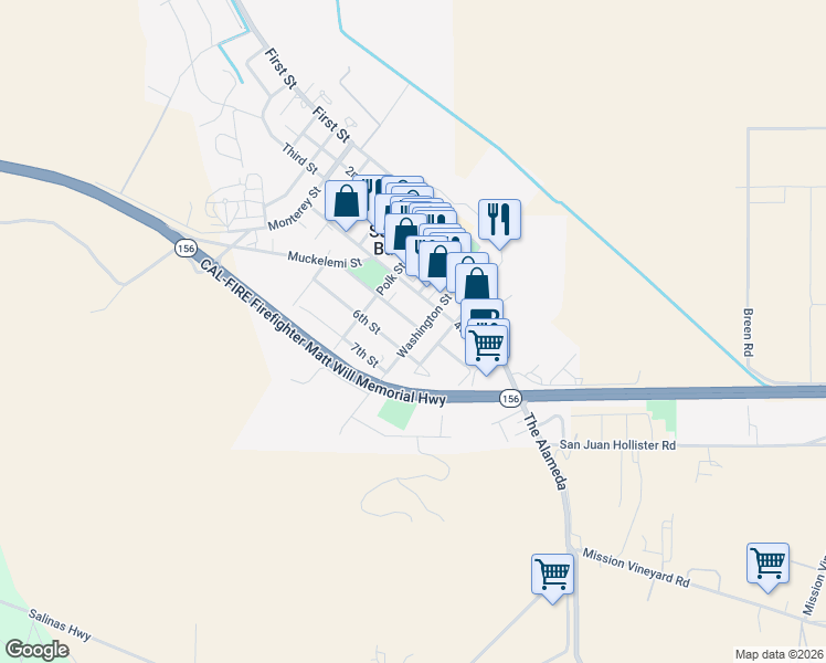 map of restaurants, bars, coffee shops, grocery stores, and more near 47 Washington Street in San Juan Bautista