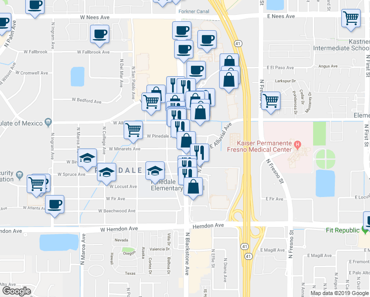 map of restaurants, bars, coffee shops, grocery stores, and more near in Fresno