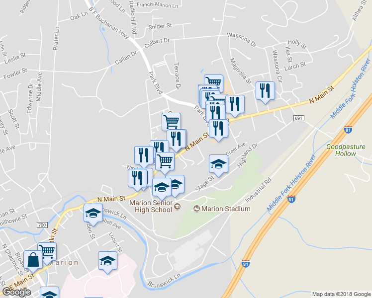 map of restaurants, bars, coffee shops, grocery stores, and more near U.S. 11 & Groseclose Street in Marion