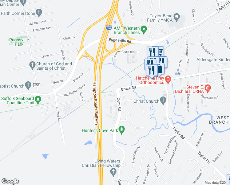 map of restaurants, bars, coffee shops, grocery stores, and more near 3127 Big Bend Drive in Chesapeake