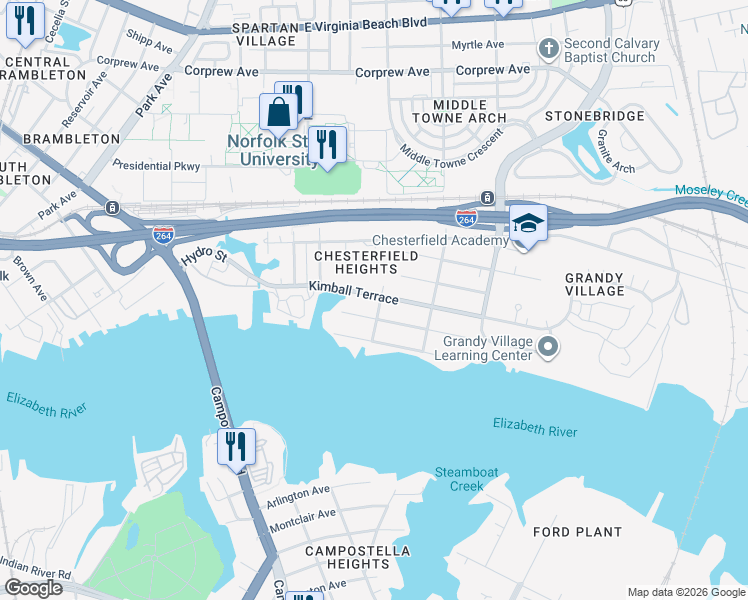 map of restaurants, bars, coffee shops, grocery stores, and more near in Norfolk