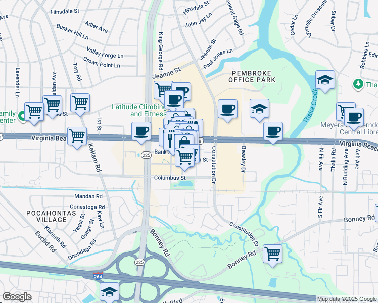 map of restaurants, bars, coffee shops, grocery stores, and more near 249 Central Park Avenue in Virginia Beach