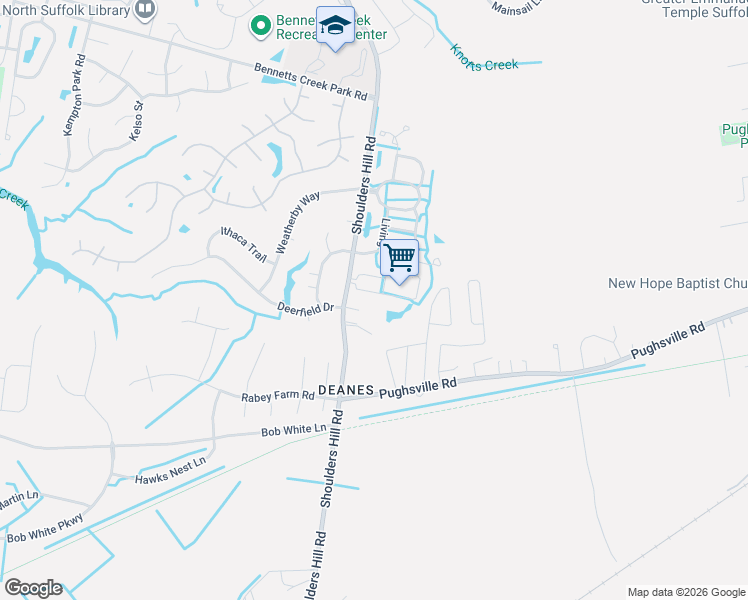 map of restaurants, bars, coffee shops, grocery stores, and more near 2101 Teton Circle in Suffolk