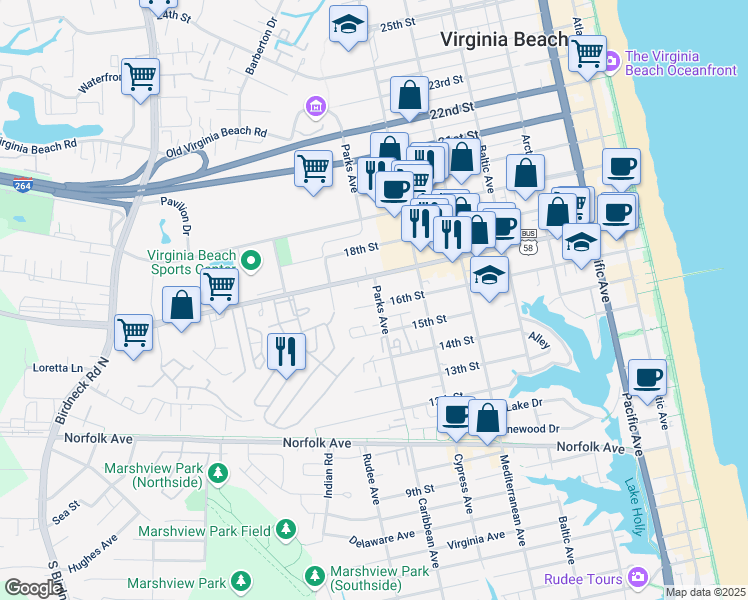 map of restaurants, bars, coffee shops, grocery stores, and more near 1606 Parks Avenue in Virginia Beach