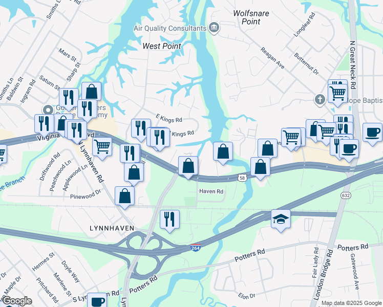 map of restaurants, bars, coffee shops, grocery stores, and more near 355 Colony Pines Court in Virginia Beach