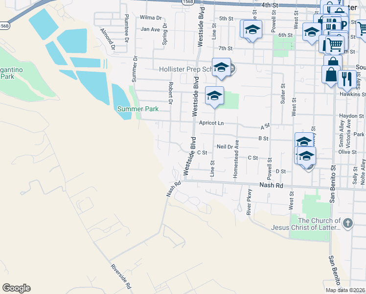 map of restaurants, bars, coffee shops, grocery stores, and more near 1100 C Street in Hollister
