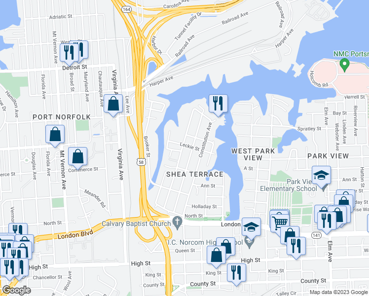 map of restaurants, bars, coffee shops, grocery stores, and more near 2207 Leckie Street in Portsmouth