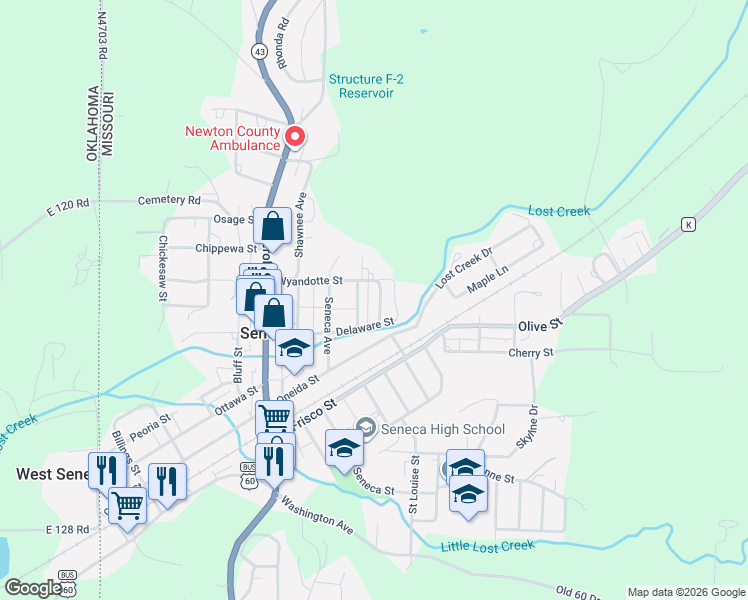 map of restaurants, bars, coffee shops, grocery stores, and more near 1028 Adams Street in Seneca