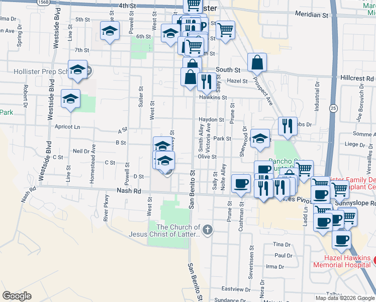 map of restaurants, bars, coffee shops, grocery stores, and more near 1130 San Benito Street in Hollister