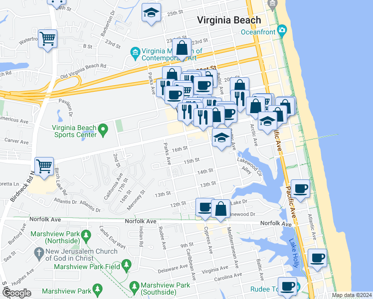 map of restaurants, bars, coffee shops, grocery stores, and more near 636 Forest Lane in Virginia Beach