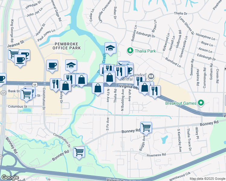 map of restaurants, bars, coffee shops, grocery stores, and more near 4317 Virginia Beach Boulevard in Virginia Beach