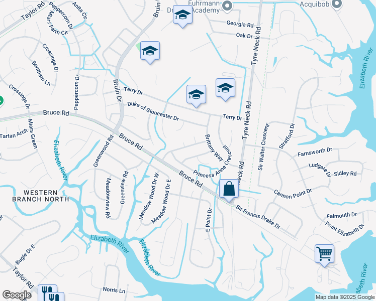 map of restaurants, bars, coffee shops, grocery stores, and more near 2941 Prince of Wales Drive in Chesapeake