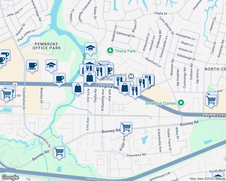 map of restaurants, bars, coffee shops, grocery stores, and more near 69 Ash Avenue in Virginia Beach