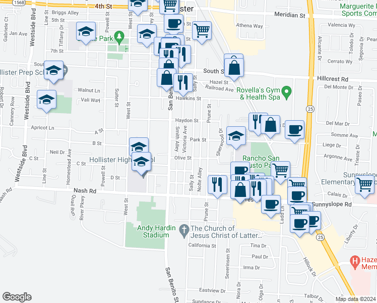 map of restaurants, bars, coffee shops, grocery stores, and more near 1177 Victoria Street in Hollister