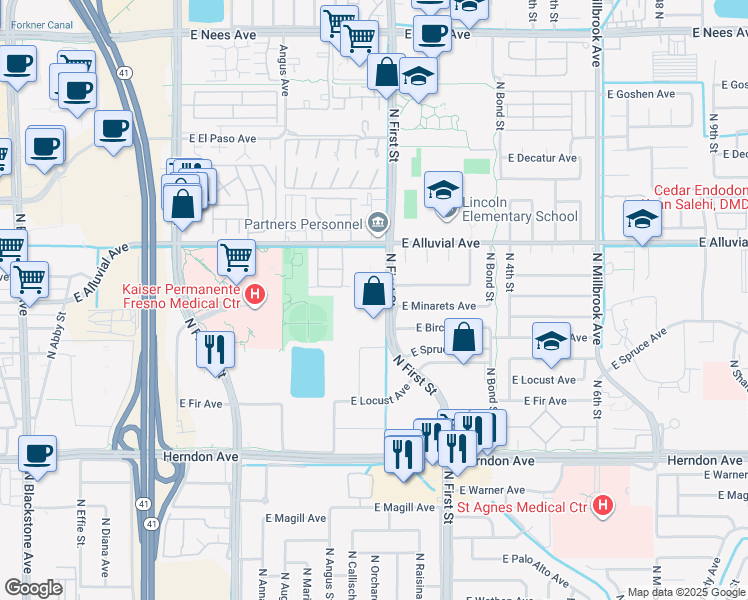 map of restaurants, bars, coffee shops, grocery stores, and more near 7275 North First Street in Fresno