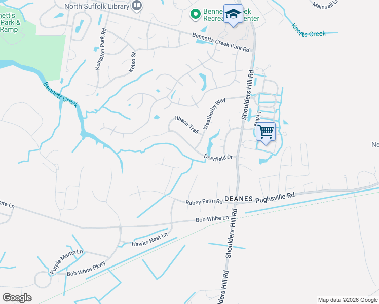 map of restaurants, bars, coffee shops, grocery stores, and more near 3657 Deerfield Drive in Suffolk