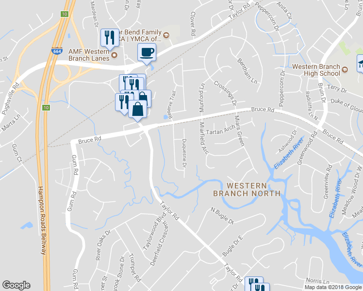 map of restaurants, bars, coffee shops, grocery stores, and more near 3240 Duquesne Drive in Chesapeake