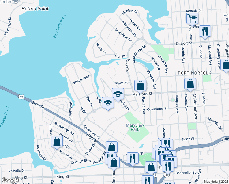 map of restaurants, bars, coffee shops, grocery stores, and more near 105 Tyler Crescent East in Portsmouth